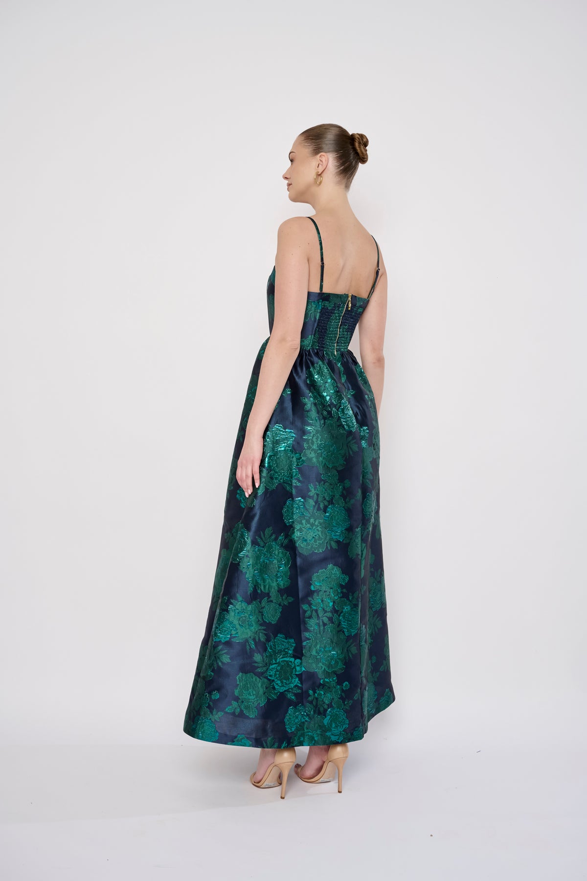 Mecca Dress in Navy Green Brocade