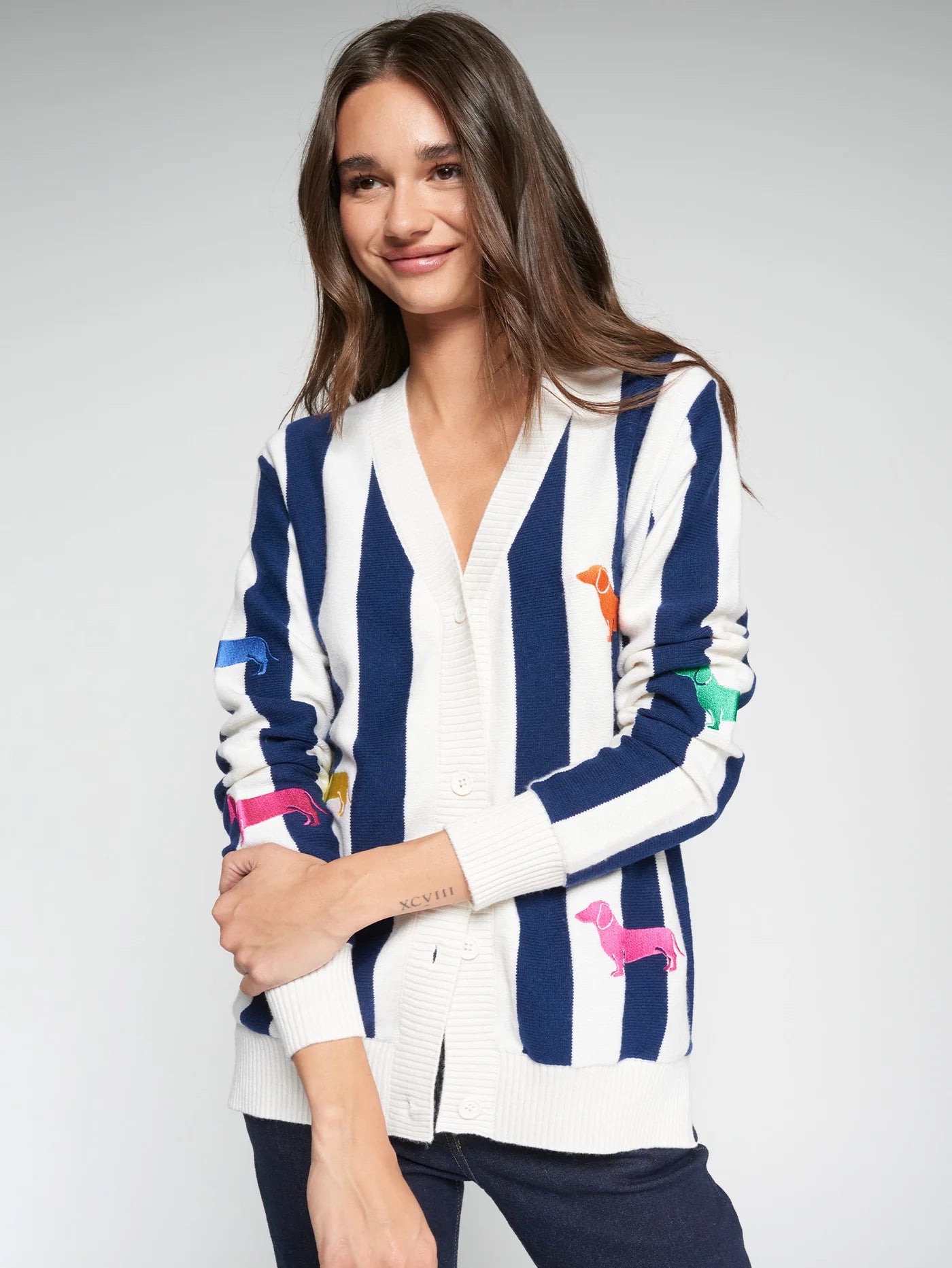 Dog Embroidered Striped Cardigan