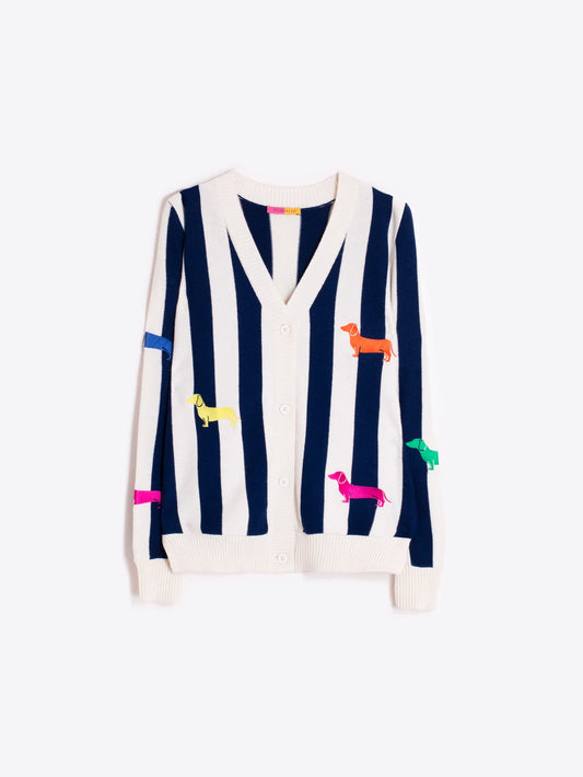 Dog Embroidered Striped Cardigan