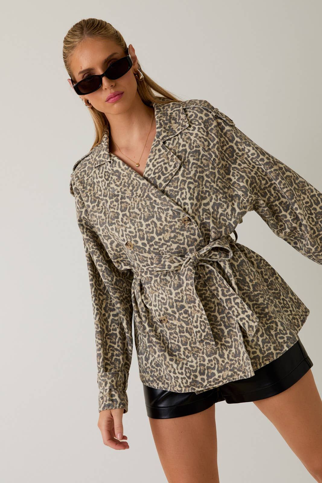 Leopard Print Double Breasted Trench Coat