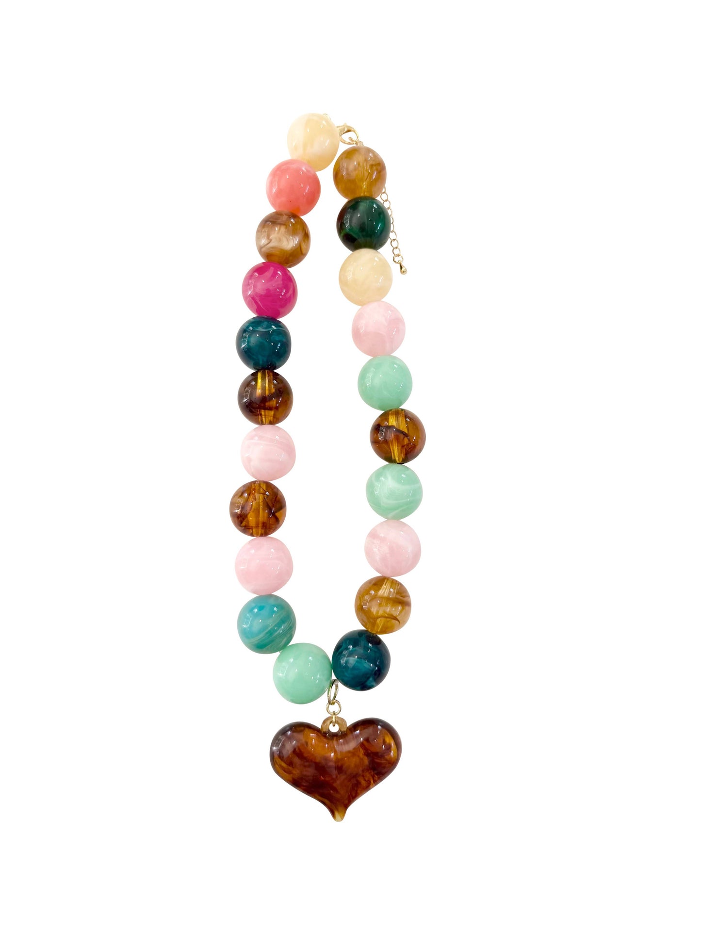 Ella Chunky Beaded Necklace with Heart Charm - Pink