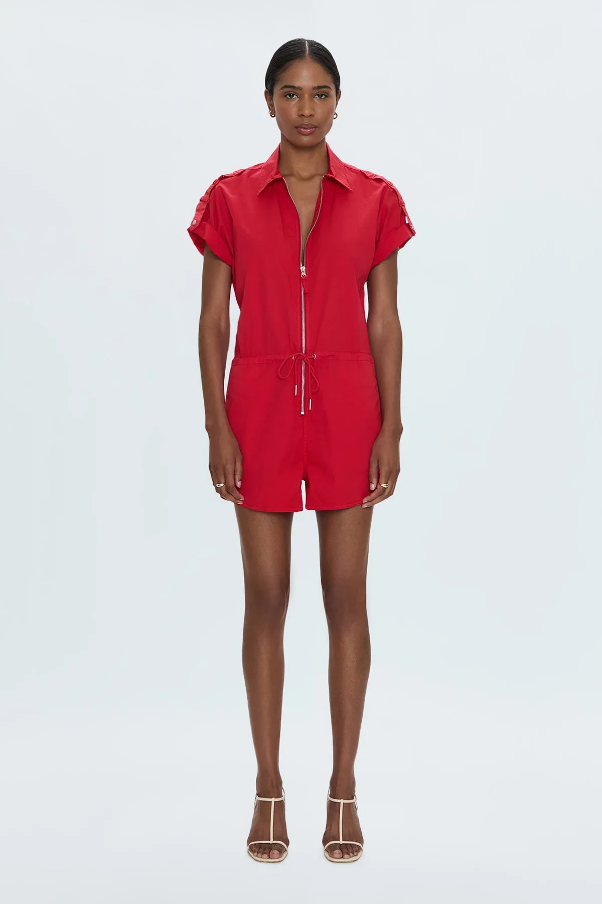 Meg Zip Front Romper in Ruby