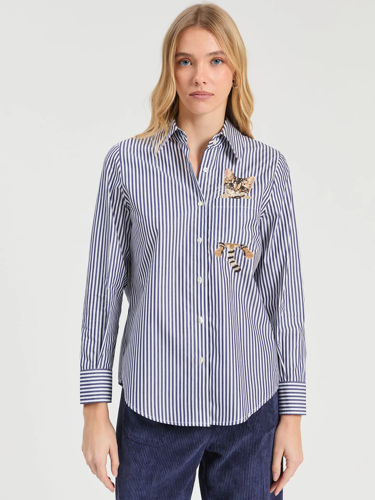 Striped Cat Embroidery Shirt