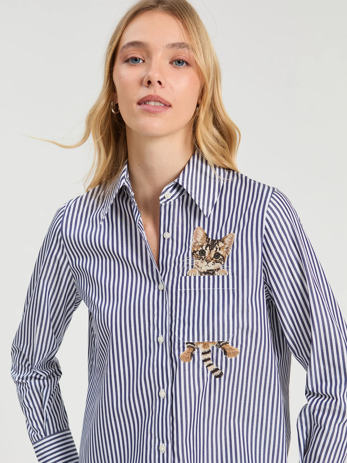 Striped Cat Embroidery Shirt