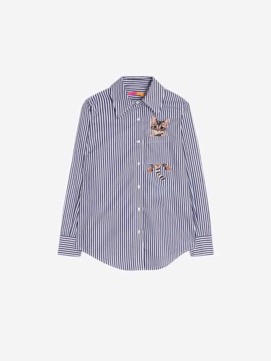 Striped Cat Embroidery Shirt