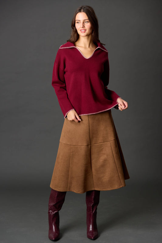 Wool Blend Blanket Stitch Detail Collared Knit Top