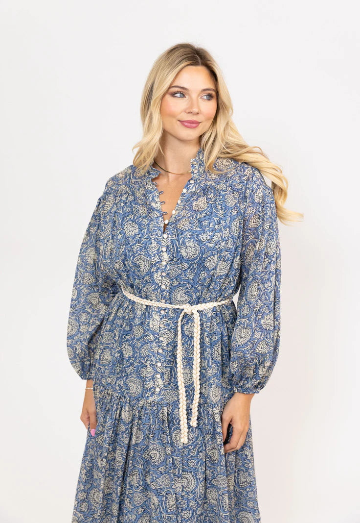 Vintage Floral Button Maxi Dress in Blue