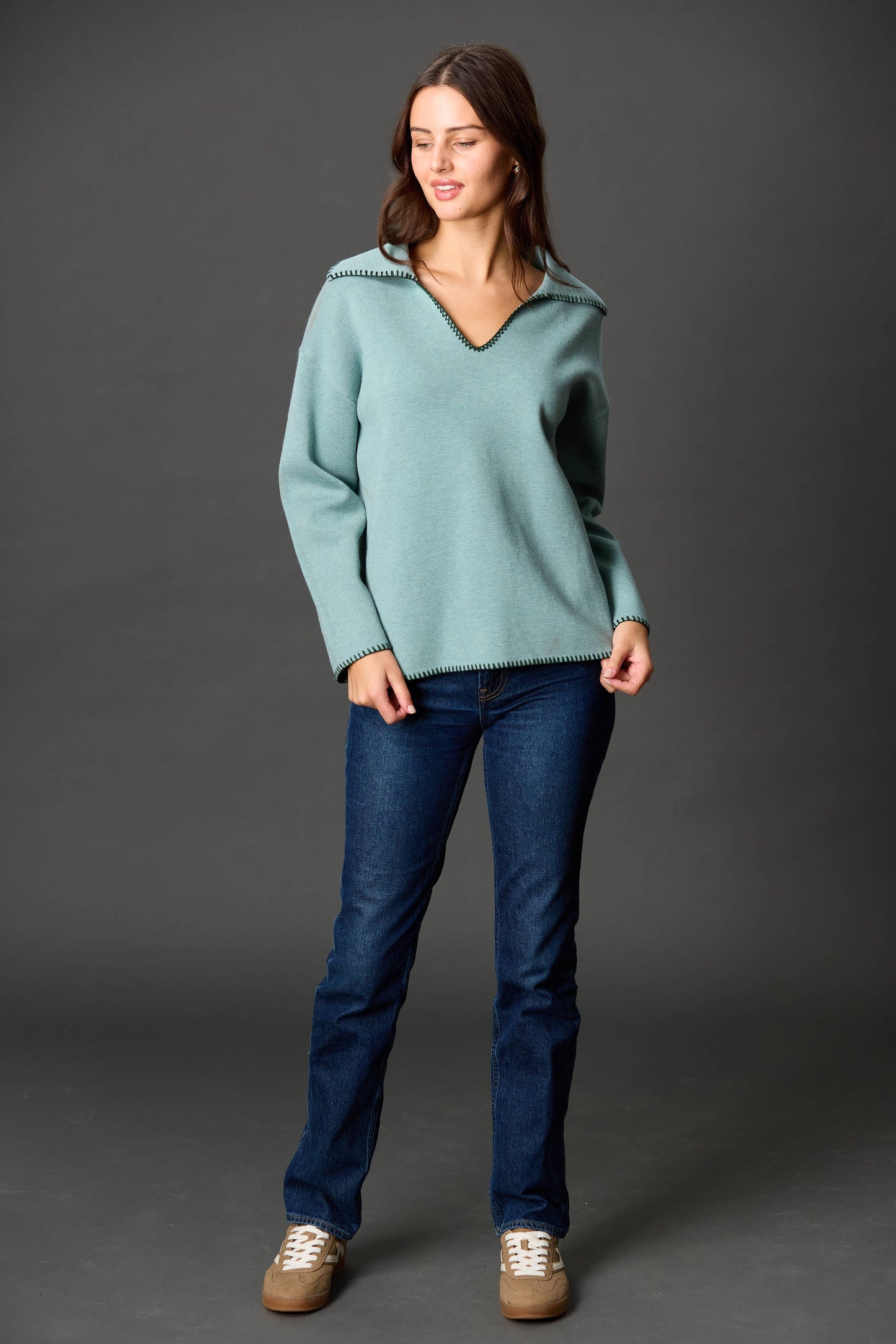 Wool Blend Blanket Stitch Detail Collared Knit Top