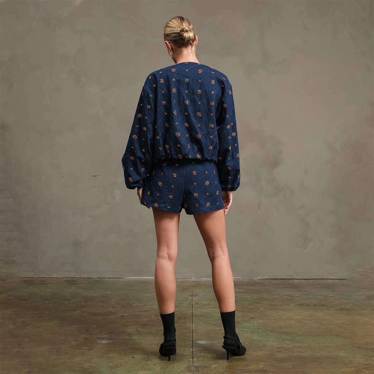 Embellished Quilted Denim Mini Skort