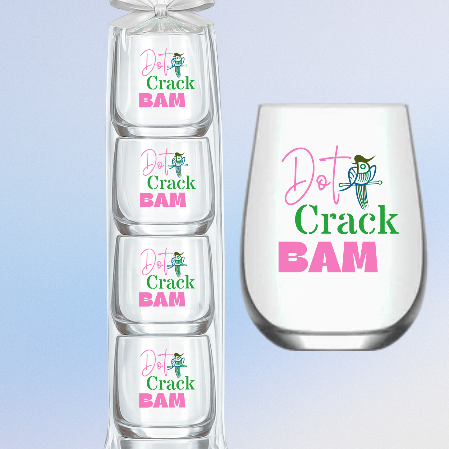 Mahjong Stemless 4 ct Set Wine Glasses "Dot Crack Bam"