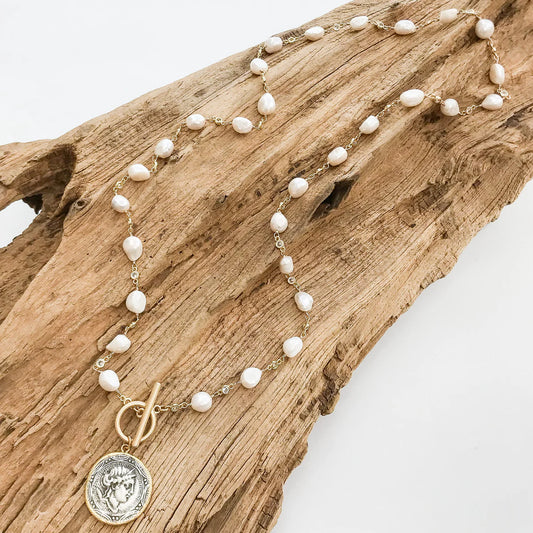 Vintage Coin on Pearl Bezel Rosary Chain