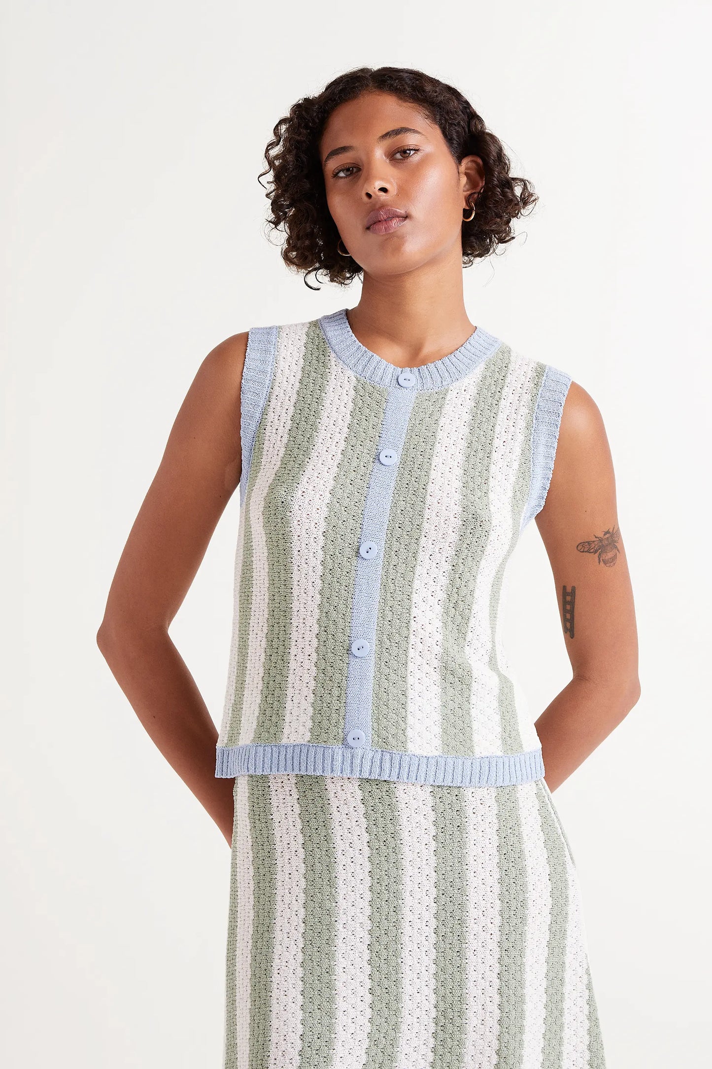 Green Striped Sleeveless Knit Top