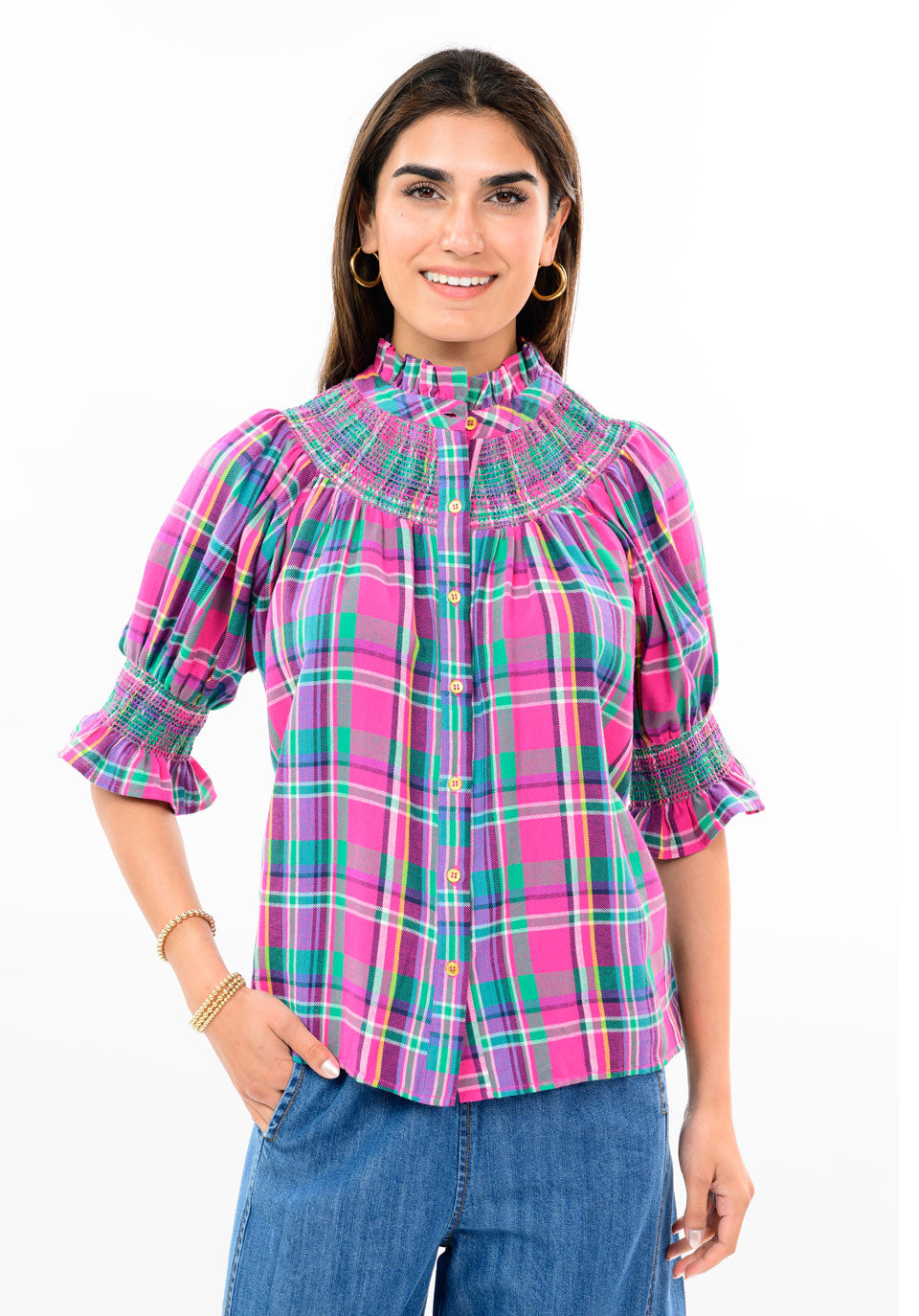 Pink Plaid Smocked Yoke Blouse