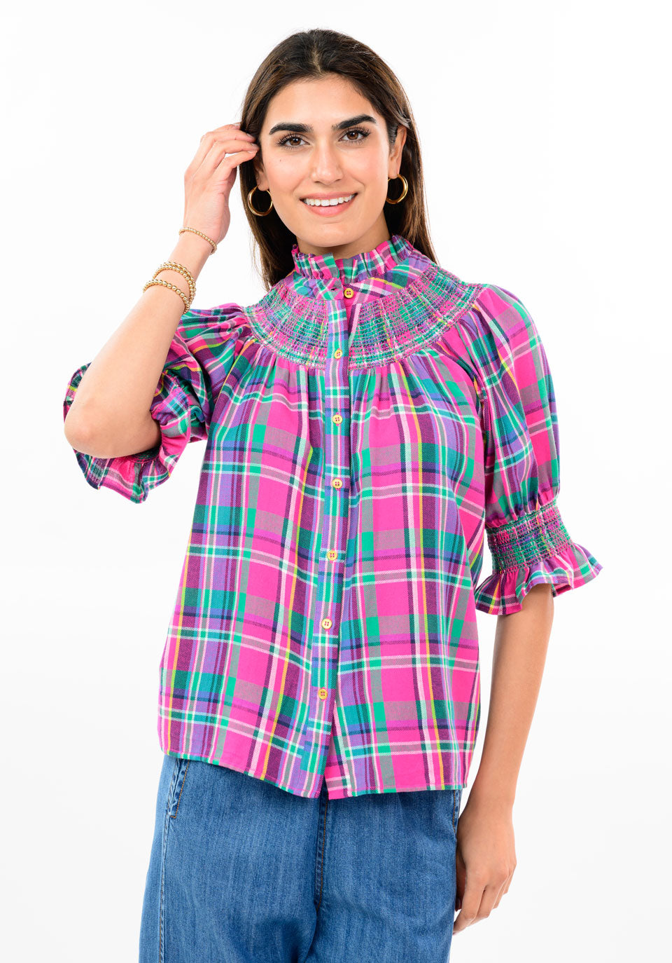 Pink Plaid Smocked Yoke Blouse
