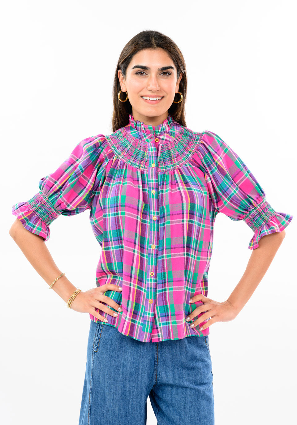 Pink Plaid Smocked Yoke Blouse