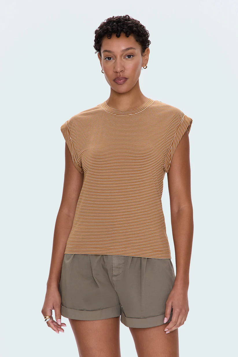 Olivia Twisted Sleeve Tee in Dark Rum Stripe