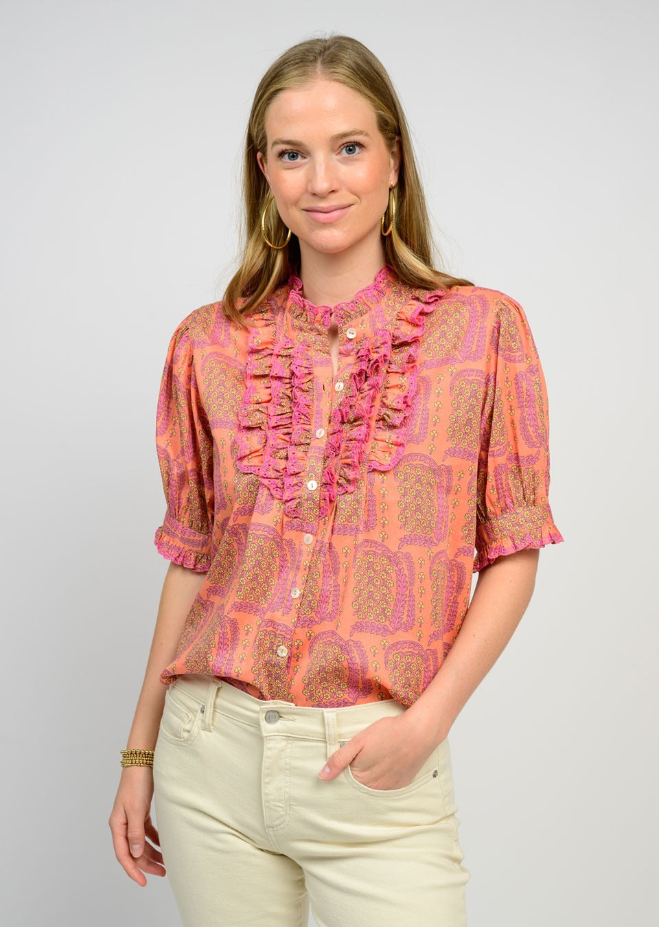 Eyelet Ruffled Blouse in Coral