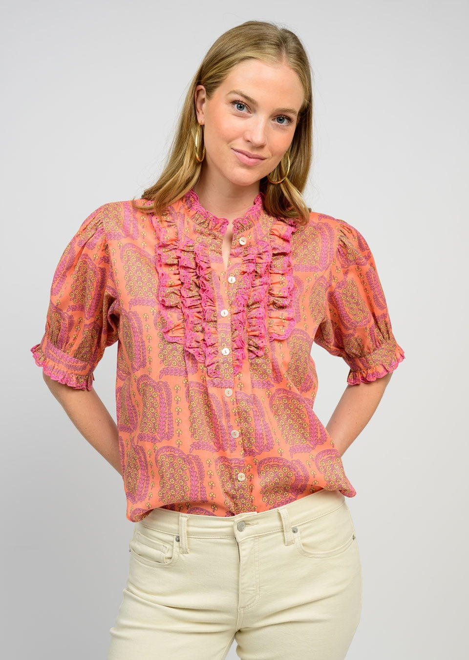 Eyelet Ruffled Blouse in Coral
