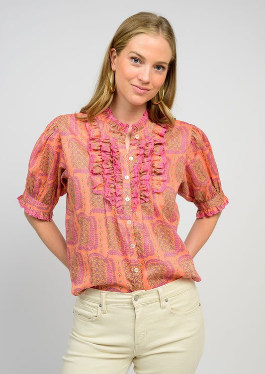 Eyelet Ruffled Blouse in Coral