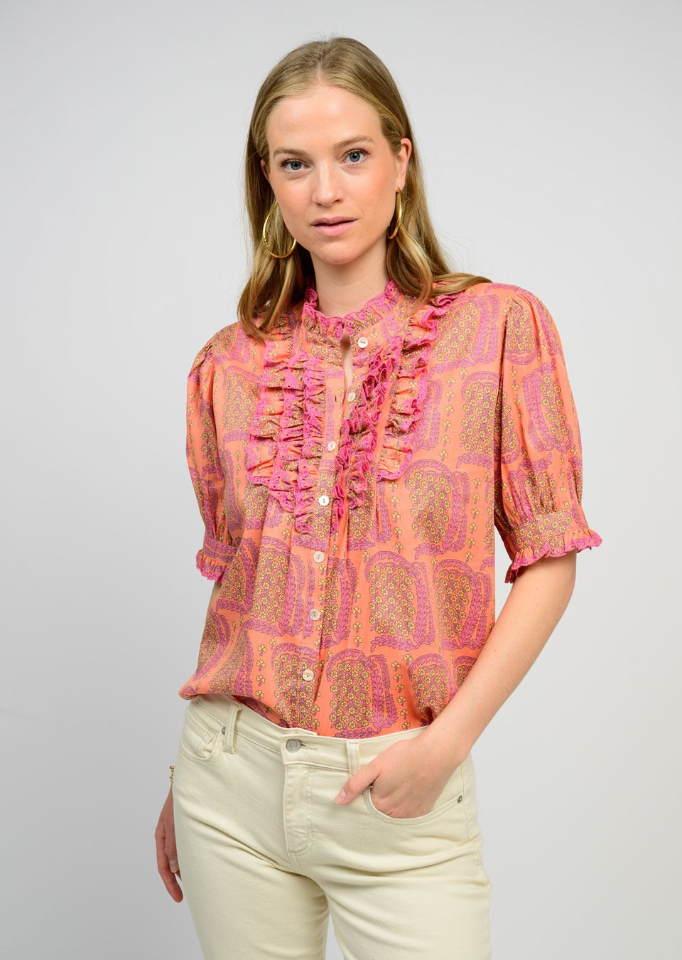 Eyelet Ruffled Blouse in Coral