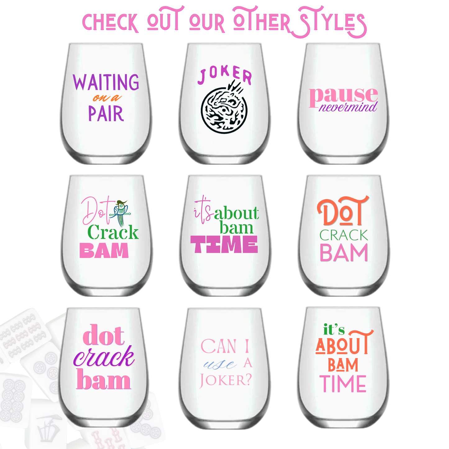 Mahjong Stemless 4ct Set Wine Glasses "Dot Crack Bam"