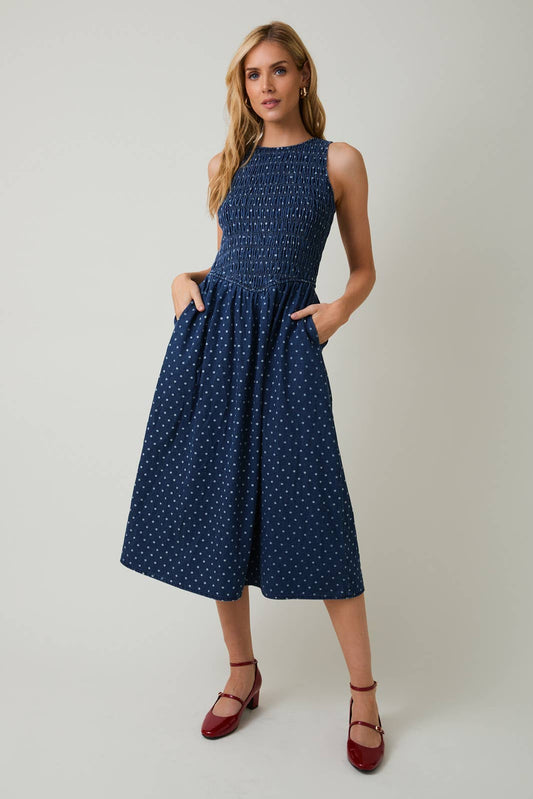 Denim Dot Smocked Midi Dress