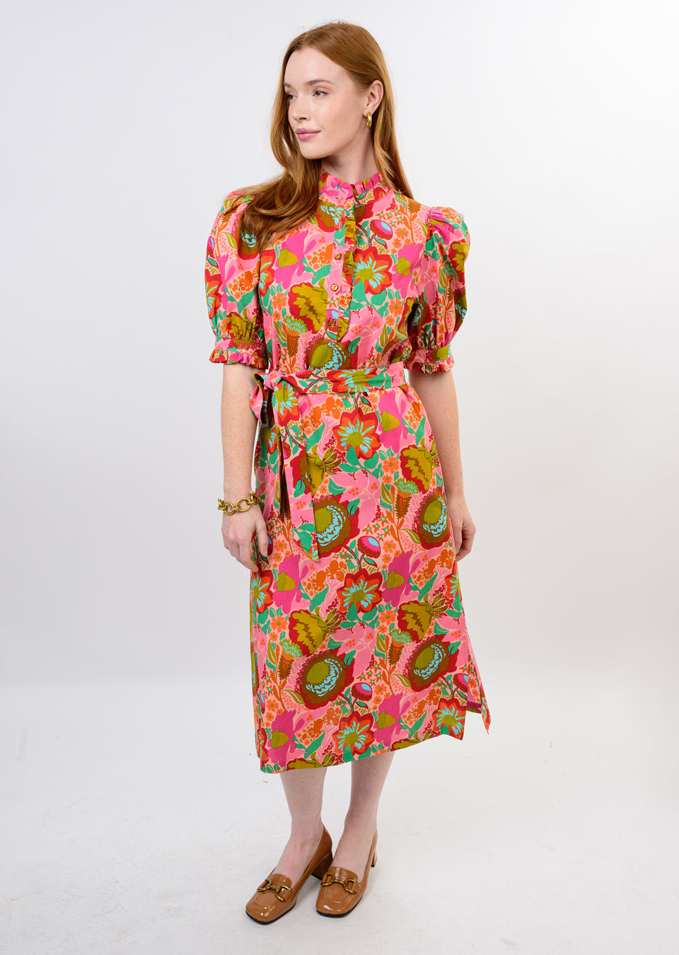 Bouquet Midi Shirt Dress in Coral