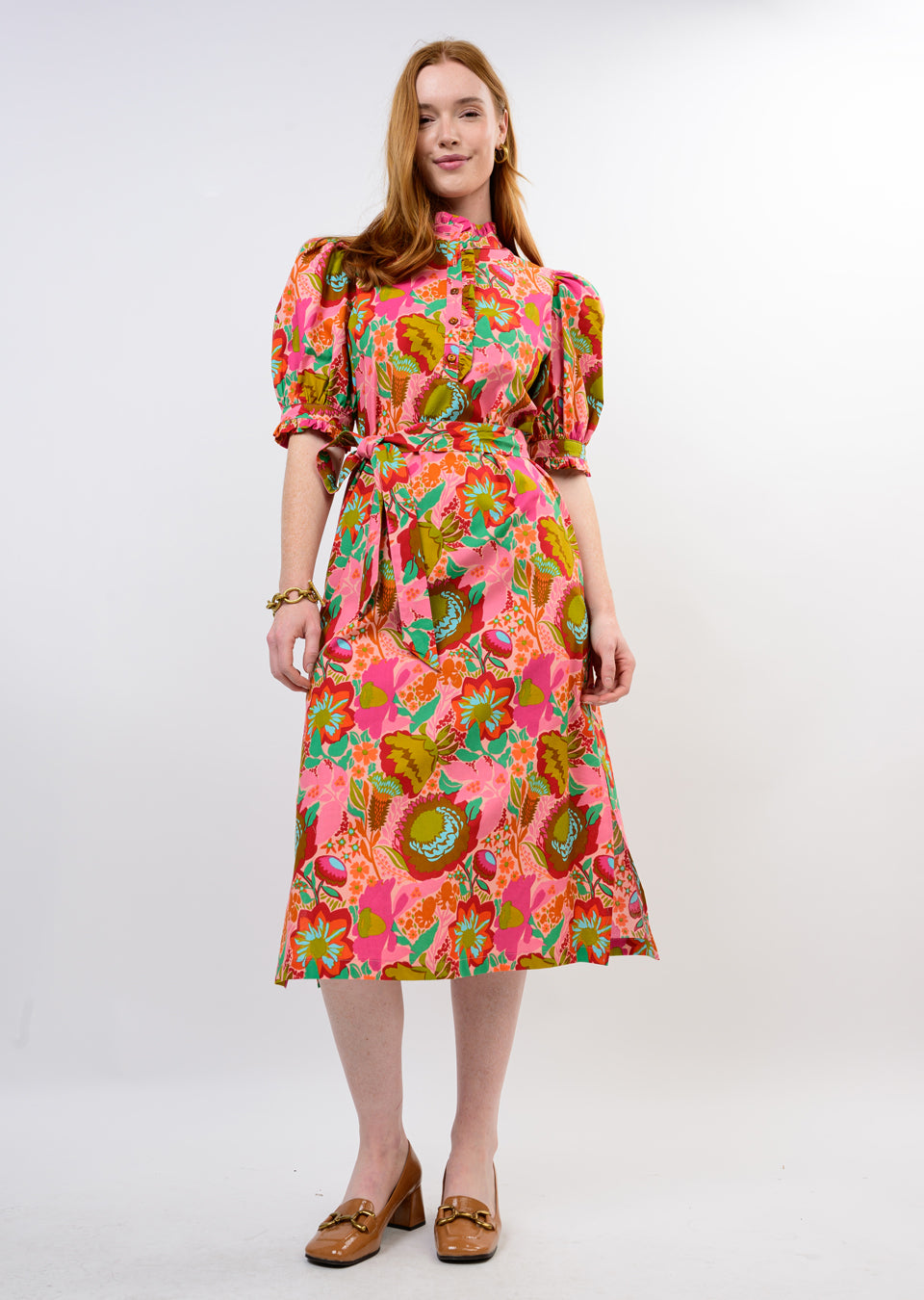 Bouquet Midi Shirt Dress in Coral