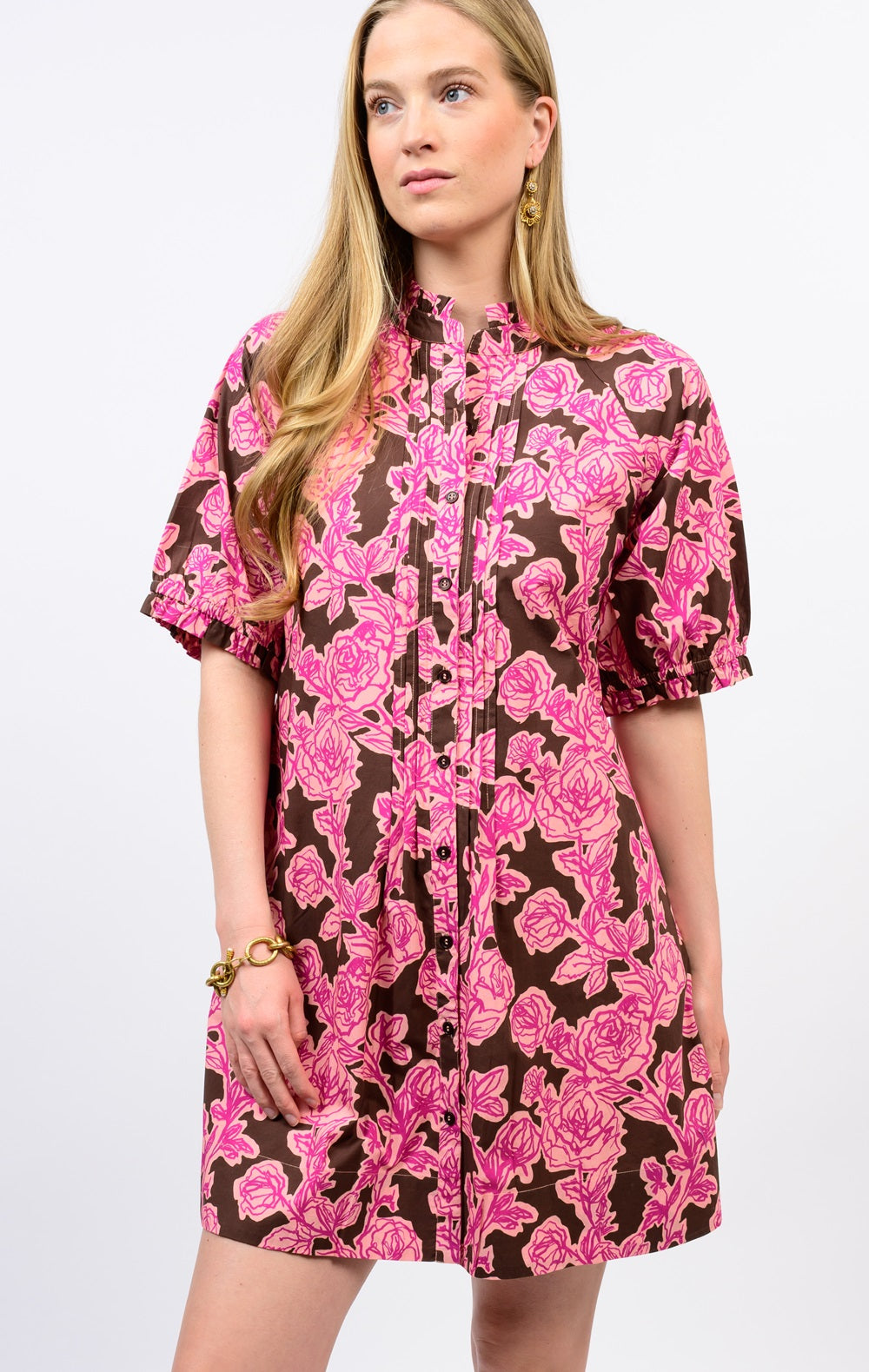 Brown Rose Pin Tuck Dress