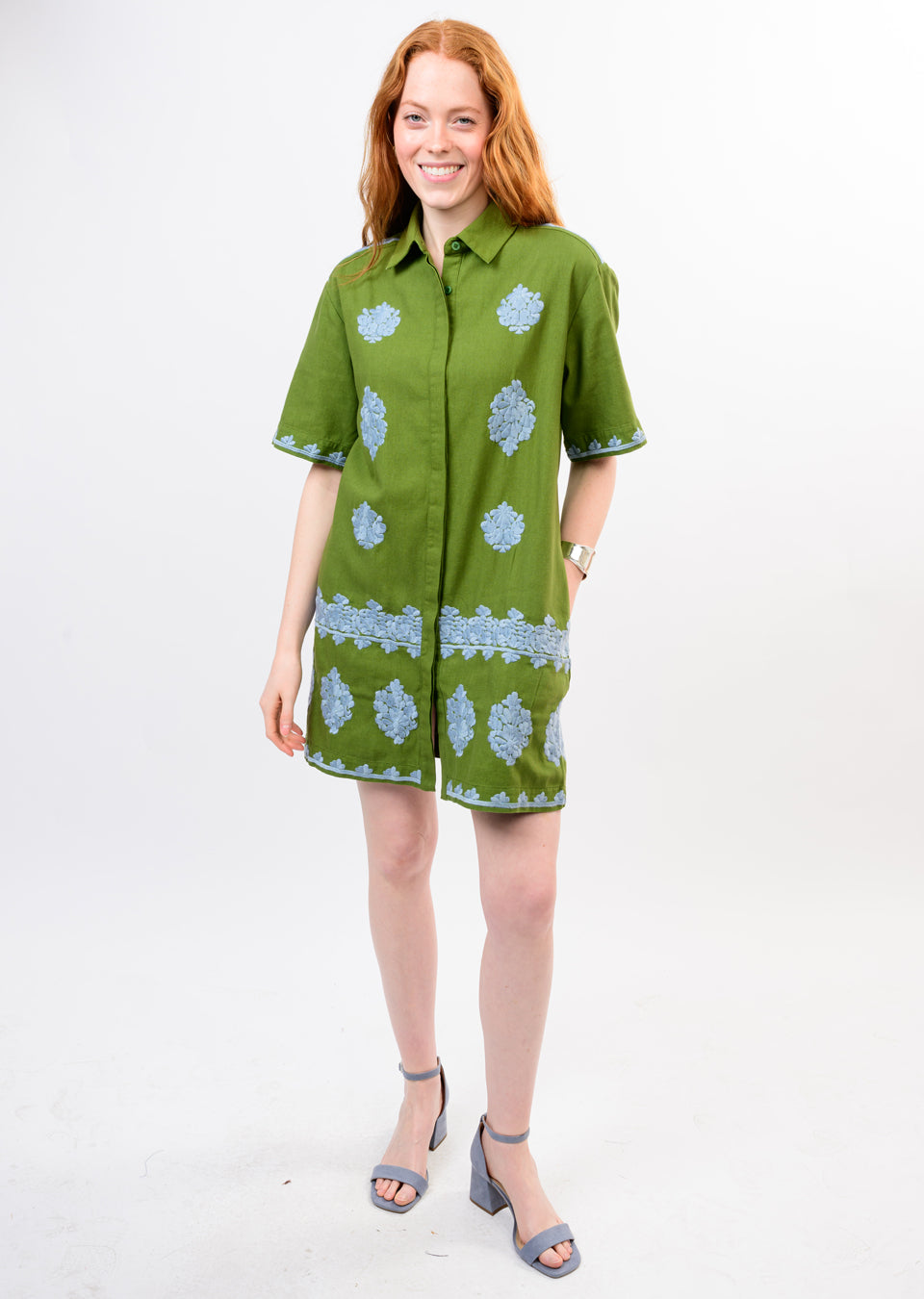 Green Embroidered Shirt Dress