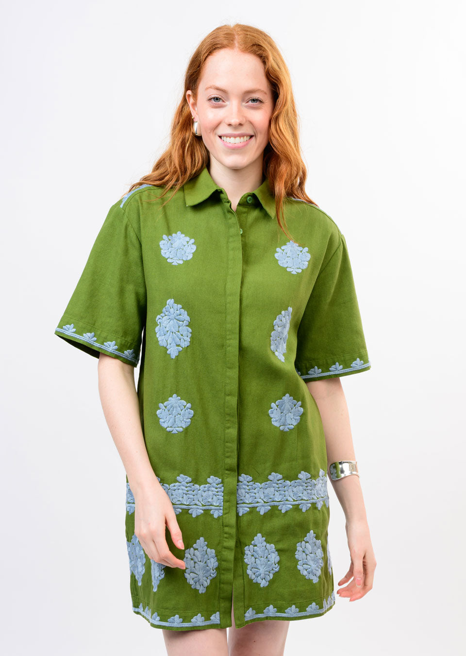 Green Embroidered Shirt Dress