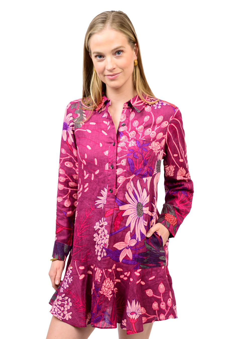 Wine Linen Flounce Dress