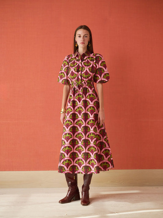Banyan Puff Sleeve Midi Dress in Berry Vine