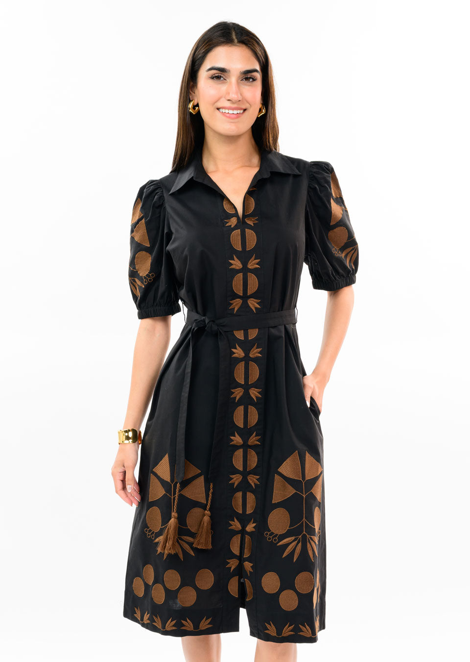 Placket Embroidered Dress in Black