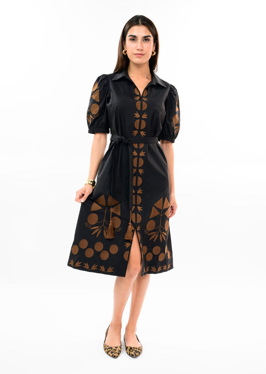 Placket Embroidered Dress in Black