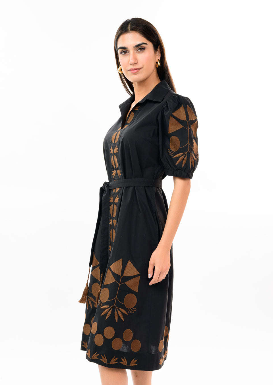 Placket Embroidered Dress in Black