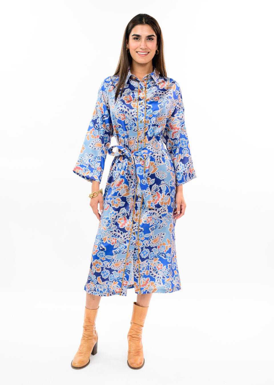 Blue Satin Floral Shirt Dress