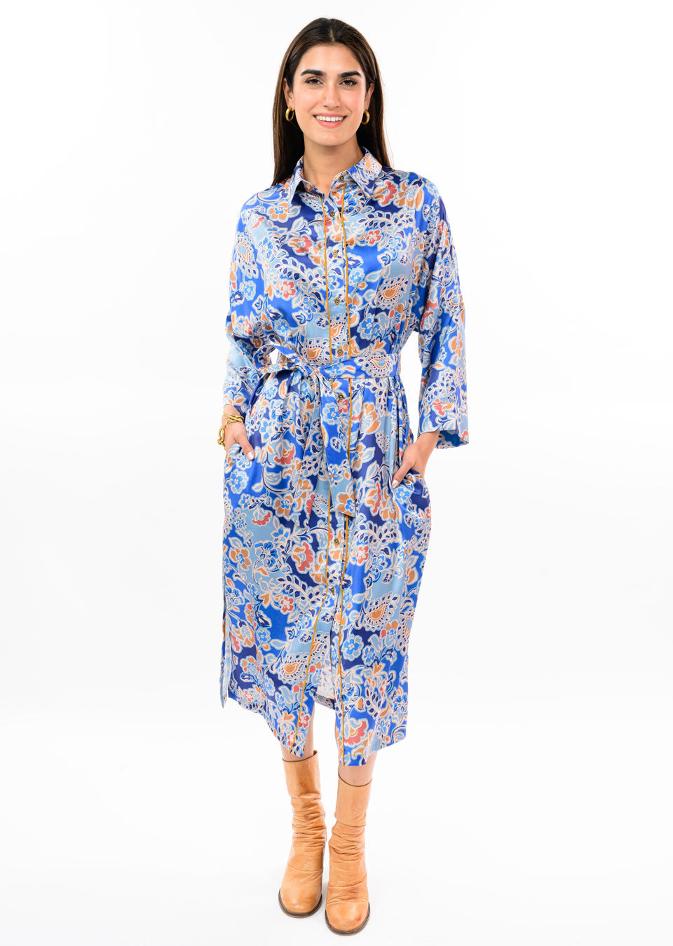Blue Satin Floral Shirt Dress
