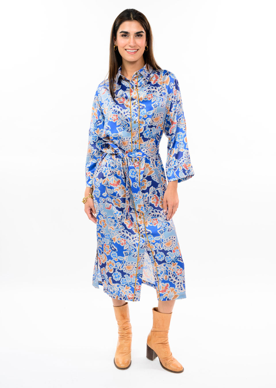 Blue Satin Floral Shirt Dress