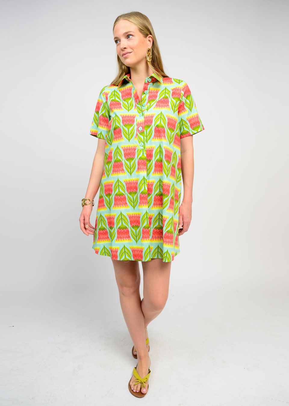 Aqua Tulips Swing Shirt Dress