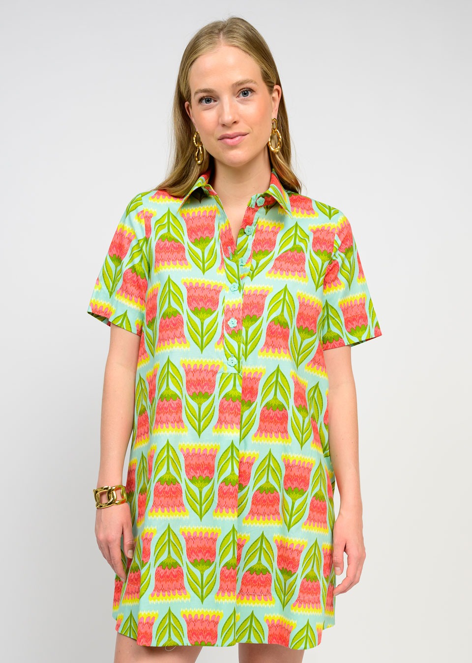 Aqua Tulips Swing Shirt Dress