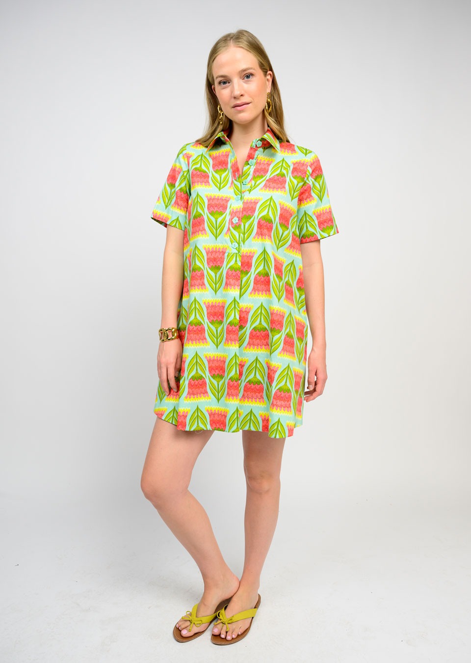 Aqua Tulips Swing Shirt Dress
