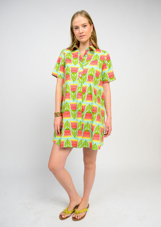 Aqua Tulips Swing Shirt Dress