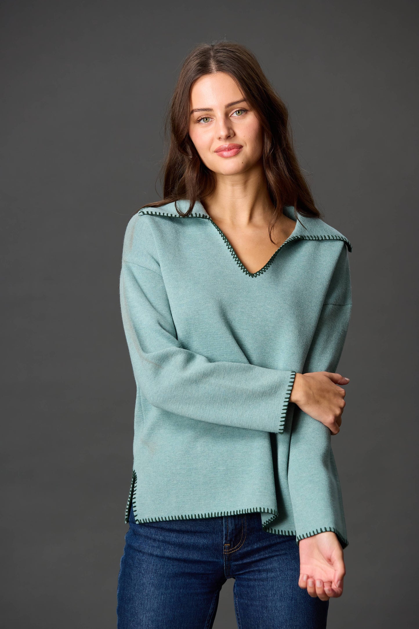 Wool Blend Blanket Stitch Detail Collared Knit Top