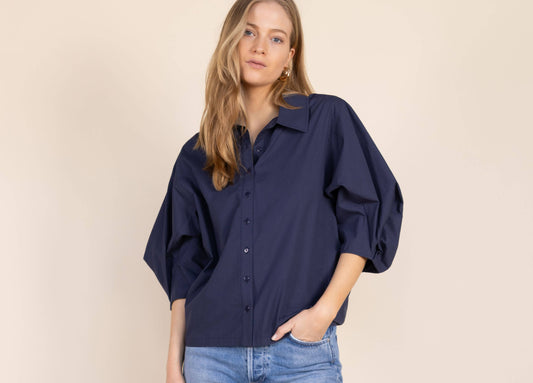 Poplin Bishop Sleeve Button Up Shirt