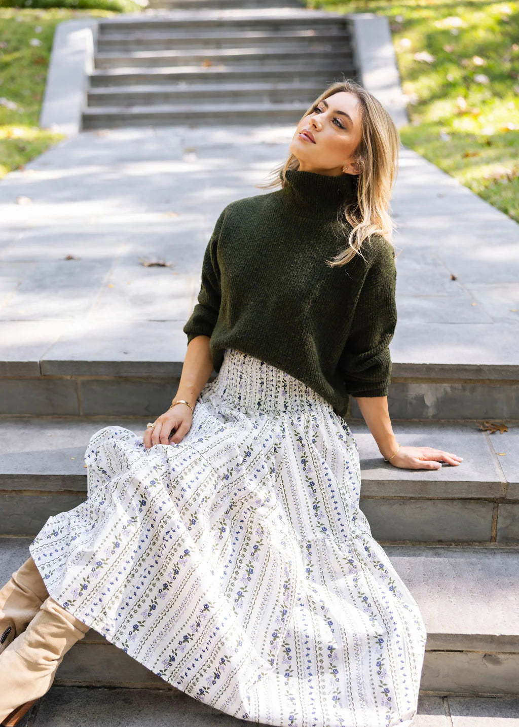 French Floral Tier Maxi Skirt in Olive