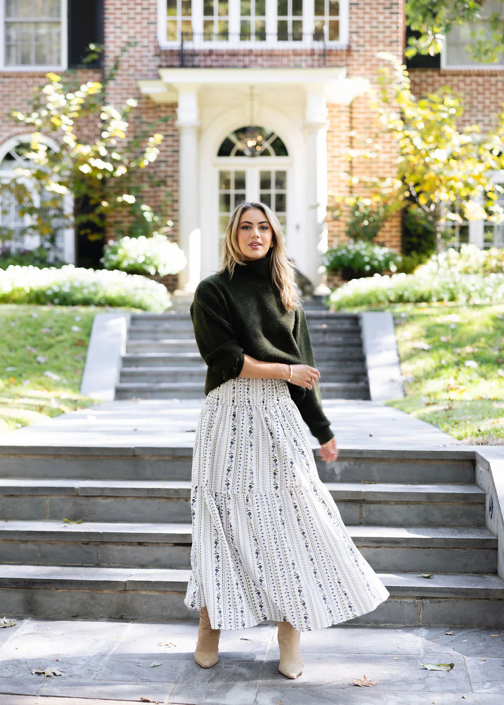 French Floral Tier Maxi Skirt in Olive