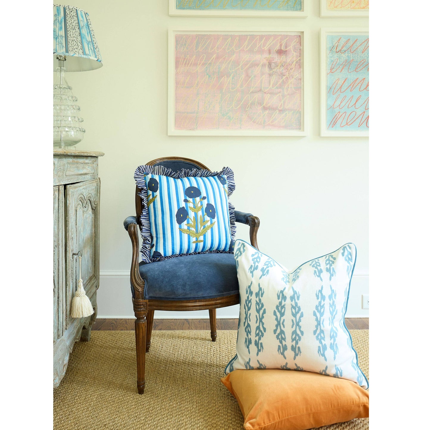 Marigold Stripes Block Print Throw Pillow, Blue