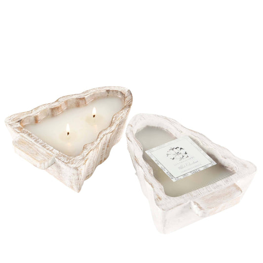 LUX White Christmas 2 Wick White Tree Wood Bowl Candle