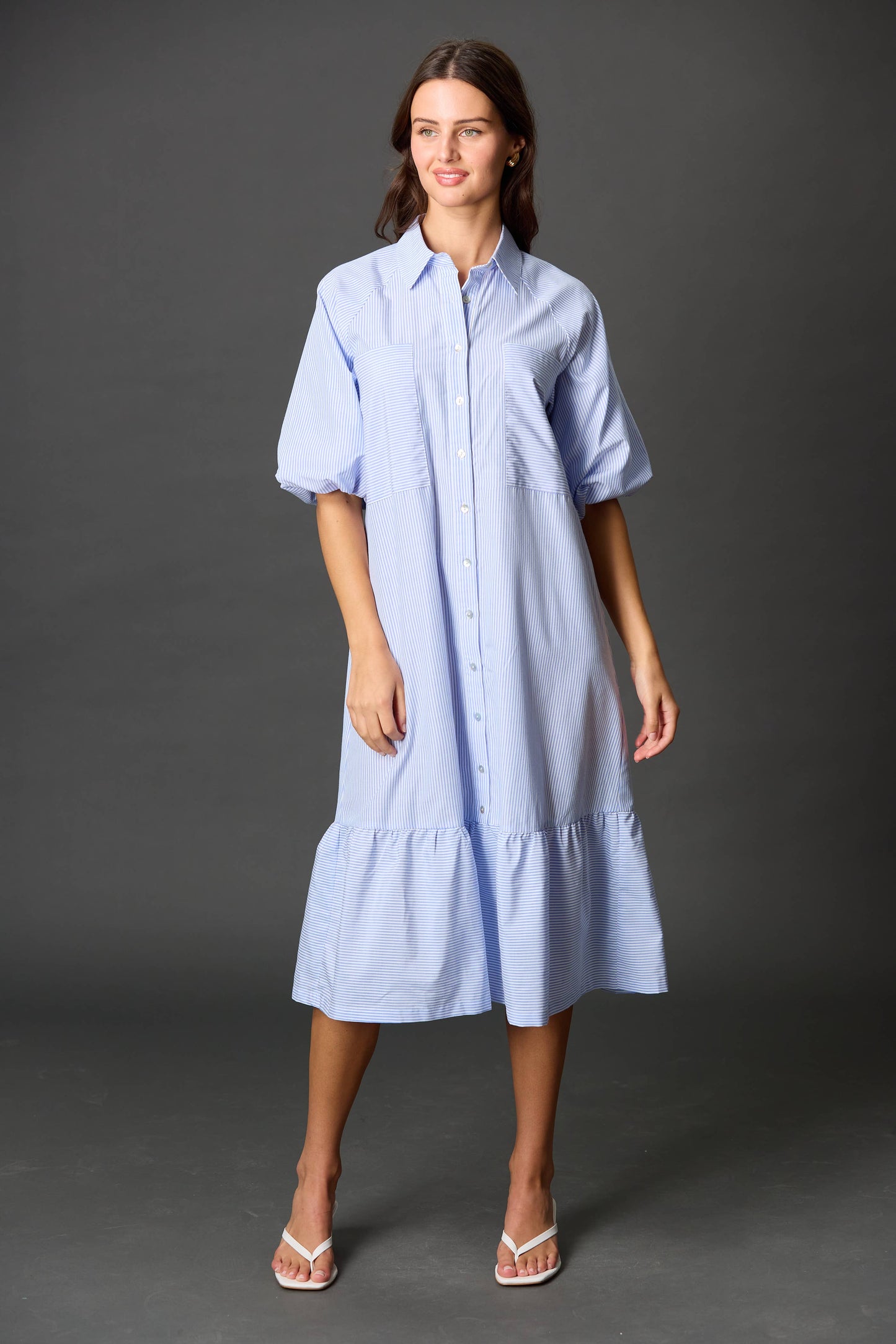 Striped Cotton Puff Sleeve Midi Dress